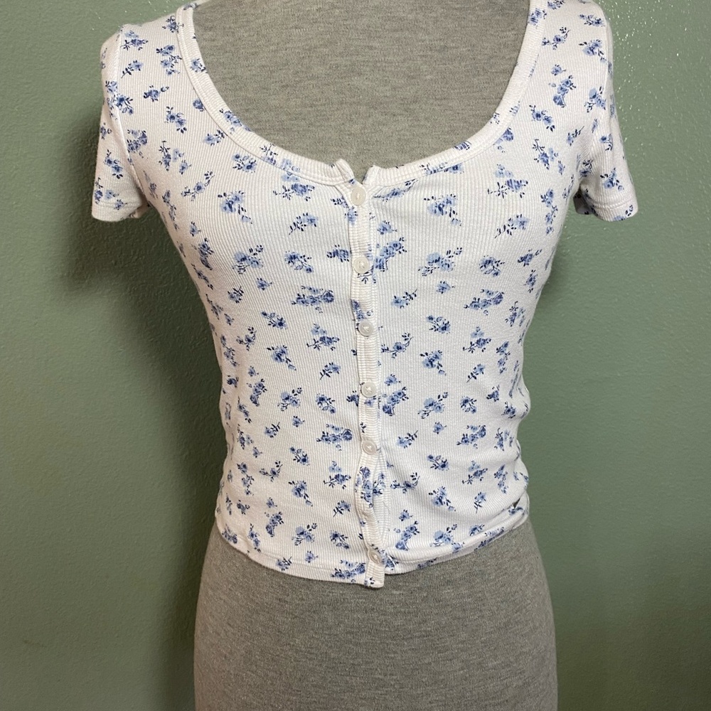 Hollister White and Blue Floral Baby Tee